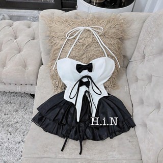 Set áo cup ngực đính nơ cổ yếm cột dây xẻ tà ở trước mix chân váy ngắn xòe tầng sexy, quyến rũ mtb