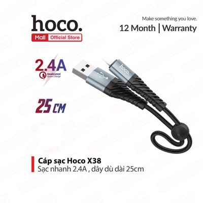 Cáp sạc nhanh 2.4A Hoco X38 USB to IP truyền dữ liệu  dùng cho ip6/7/8/X dài 25CM dài 25cm (ĐEN)
