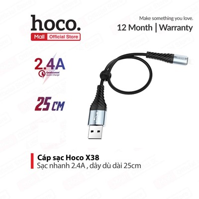 Cáp sạc Nhanh PD10W Hoco X38 USB to IP truyền dữ liệu dùng cho ip7/8/X/11/12 dài 25CM (Màu Đen)