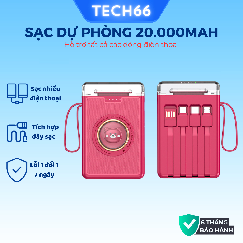 Pin Sạc dự phòng 20000mah 10000mah có dây sạc cho điện thoại - Gutek YM833