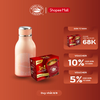 Combo bình nước giữ nhiệt highlands coffee logo hạt cà phê hologram 430ml + cafe hòa tan 3in1 20 gói