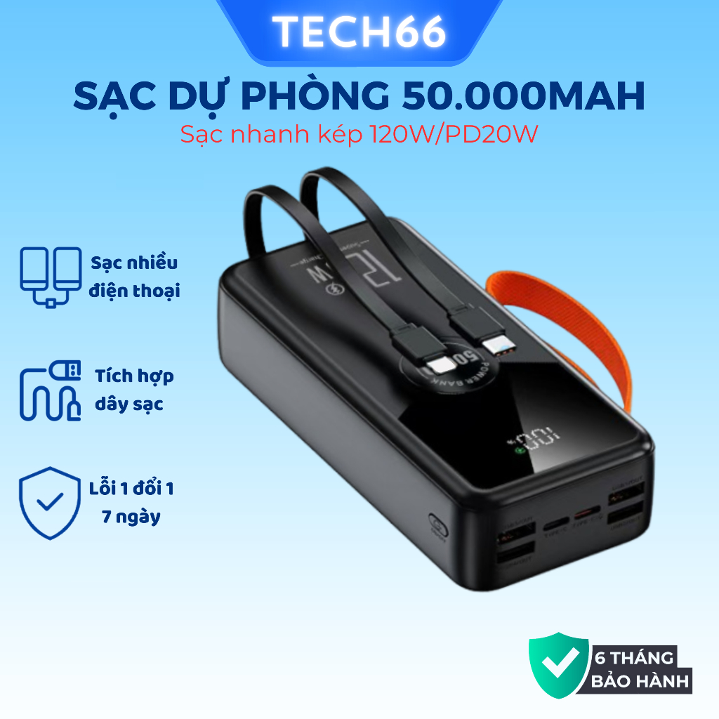  Pin Sạc dự phòng 50000mAh Gutek GT230 sạc nhanh 22,5W có dây cắm nhiều điện thoại 