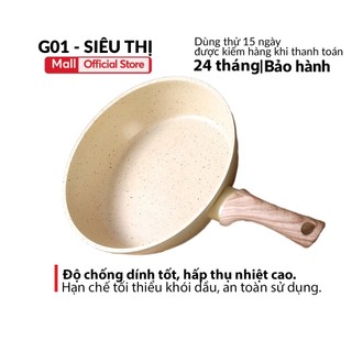 Chảo đá chống dính vân đá dùng cho bếp từ vân đá màu trắng kem , tay cầm gỗ size 20-28cm.