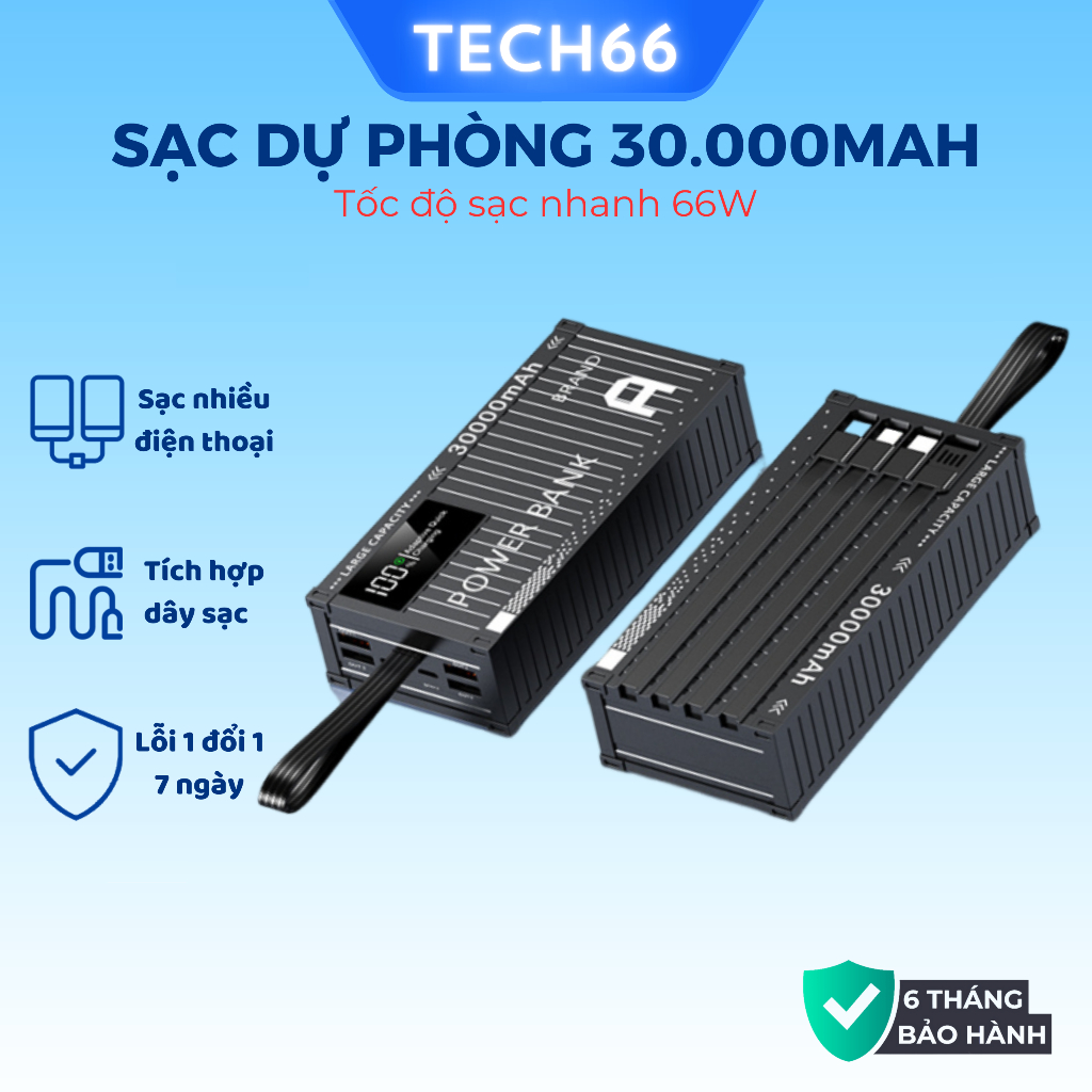 Sạc dự phòng 30000mah sạc nhanh dung lượng pin lớn có kèm dây cáp cho điện thoại - Gutek DX72