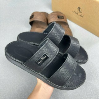 Dép lê, dép 2 quai nam da bò thật, logo khắc tên theo yêu cầu, đế cao su non mềm có lót da , quai khâu liền đế