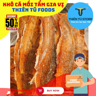 Khô cá mối tẩm gia vị vừa ăn, thịt dầy ,dẻo dùng chiên hoặc nướng rất ngon , thực phẩm khô thiết yếu Thiên Tú Foods