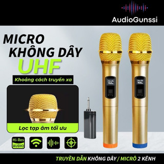 Micro karaoke không dây cầm tay UHF, bộ 2 mic hát karaoke bắt sóng xa, chống hú chuyên dùng cho amply, loa kéo, mixer