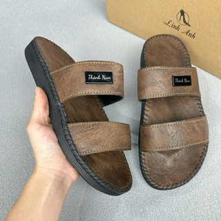 Dép lê, dép 2 quai nam da bò, logo khắc tên theo yêu cầu, đế cao su non mềm, quai khâu liền đế chắc chắn