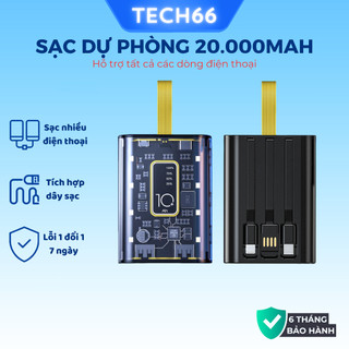 Sạc dự phòng dung lượng 20000mAh Gutek YM690 trong suốt tích hợp dây sạc nhanh cho nhiều thiết bị điện thoại 
