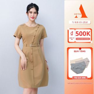 AMYRA - Đầm trung niên cho mẹ sang trọng bigsize, thiết kế công sở dáng chữ A đai nịt cao cấp đính nút u40,u50 DA036