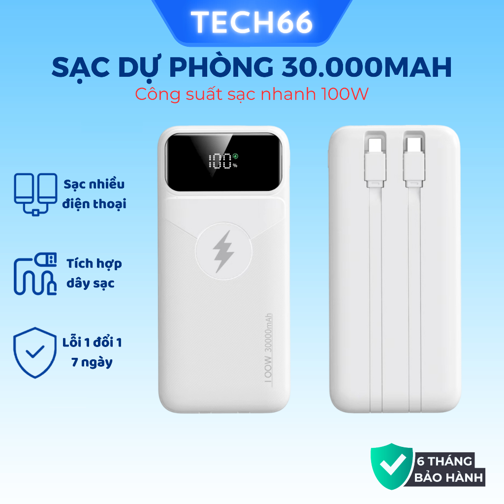 Sạc dự phòng 30000mah Gutek DX66 sạc nhanh 100w pin dung lượng lớn có sẵn dây cho nhiều điện thoại