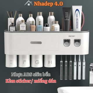 Bộ Nhả Kem Đánh Răng Tự Động Thông Minh , Kệ Đựng Bàn Chải Lắp Đặt Dán Tường Cao Cấp OENON