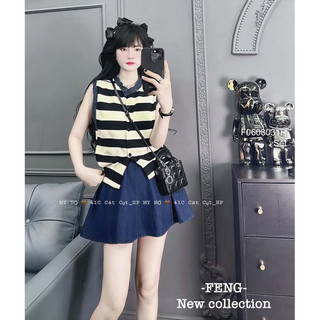 Set bộ áo sọc sát nách phối chân váy jean xòe viens store