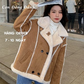 Áo khoác lovito da lộn lót lông - áo khoác lông nữ lovito da lộn màu nâu hàn quốc cổ đứng có túi ao162