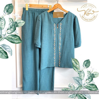 Sét bộ đũi vân mây trung niên cao cấp hoa văn hoạ tiết thêu sang trọng Bigsize quần dài 90cm