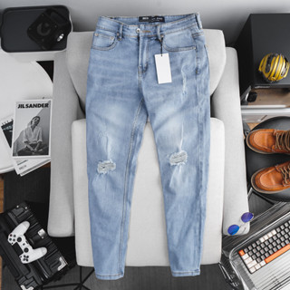Quần jean nam rách gối thời trang vnxk cao cấp màu bụi slimfit ống ôm vừa chất bò gân xịn co giãn