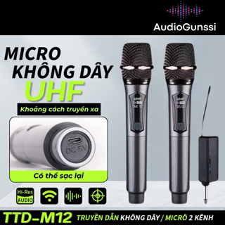 Bộ micro không dây TTD-M12, triệt tiếng hú, bắt sóng xa lên đến 50m, hút âm cực tốt, dùng cho loa kẹo kéo, amply, mixer