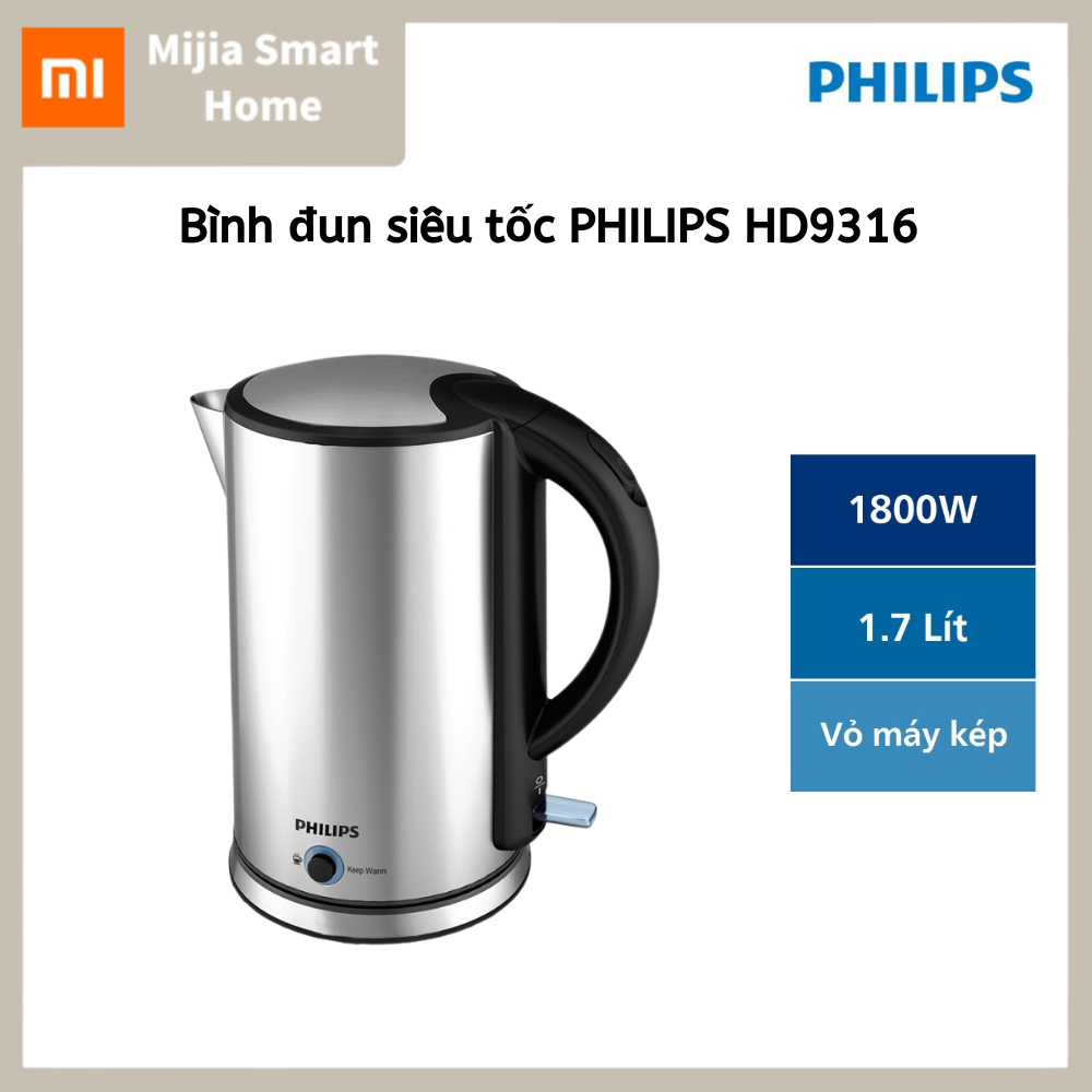 Ấm đun nước siêu tốc Philips HD9316, bình đun giữ nhiệt công suất 1800W, dung tích 1,7L - Hàng chính hãng