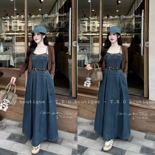 Set váy bò 2 dây chun lưng kèm belt mix cardigan nâu siêu đẹp hàng QCCC