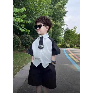 Set áo sơ mi kèm cà vạt bé trai áo sơ mi tay đen phối quần có dây đeo thời thượng, phong cách-Gấu- Mã Cà vạt bé