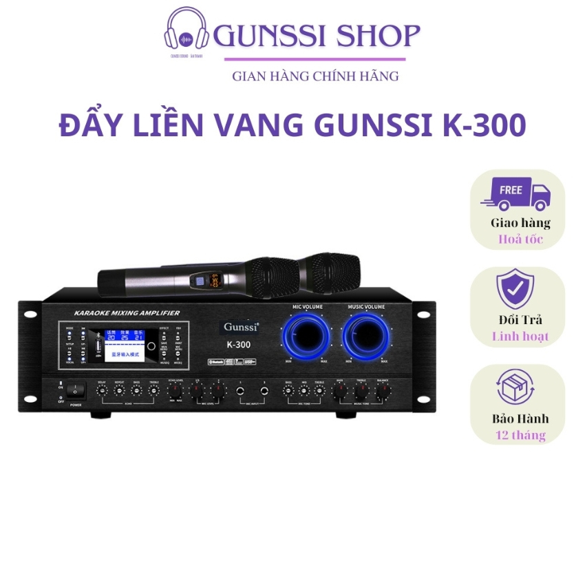 Đẩy liền vang,amply liền vang Gunssi K300, K200 kèm đôi micro.Amly karaoke có bluetooth công suất lớ