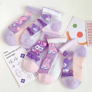  Set 5 đôi tất cổ ngắn hình Kuromi bé gái lưới mỏng nhẹ thoáng khí hè thu 