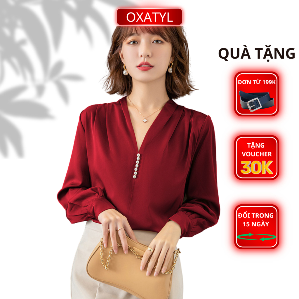 Áo sơ mi lụa cao cấp cổ V ly vải phối phụ kiện cúc ngọc sang trọng mặc đi làm công sở A670 | BigBuy360 - bigbuy360.vn