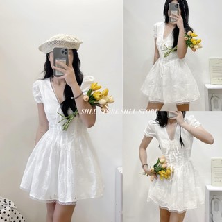 Váy trắng thêu hoa cổ V thắt nơ phối viền ren tay bồng dự tiệc siêu xinh phong cách tiểu thư