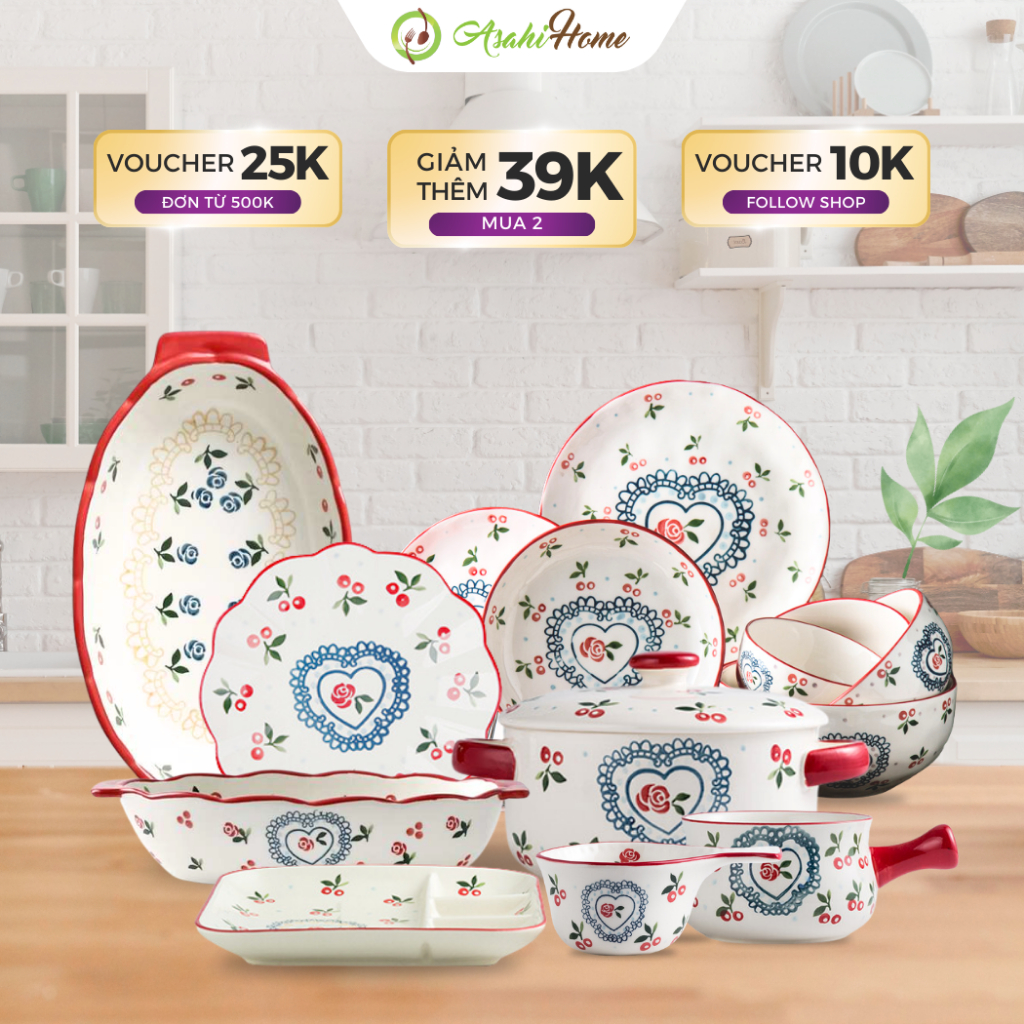 Bộ bát đĩa lẻ món trong bộ sưu tập Cherry-Rose cao cấp ASAHI HOME, set đồ bàn ăn nhiều chi tiết