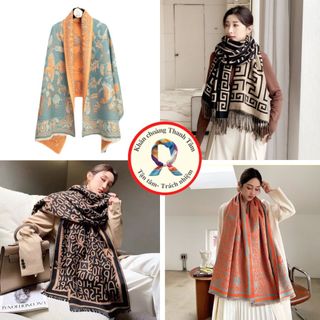 Khăn dạ cashmere quàng cổ giữ ấm mùa đông choàng cổ trùm đầu Nam nữ sọc nhiều màu