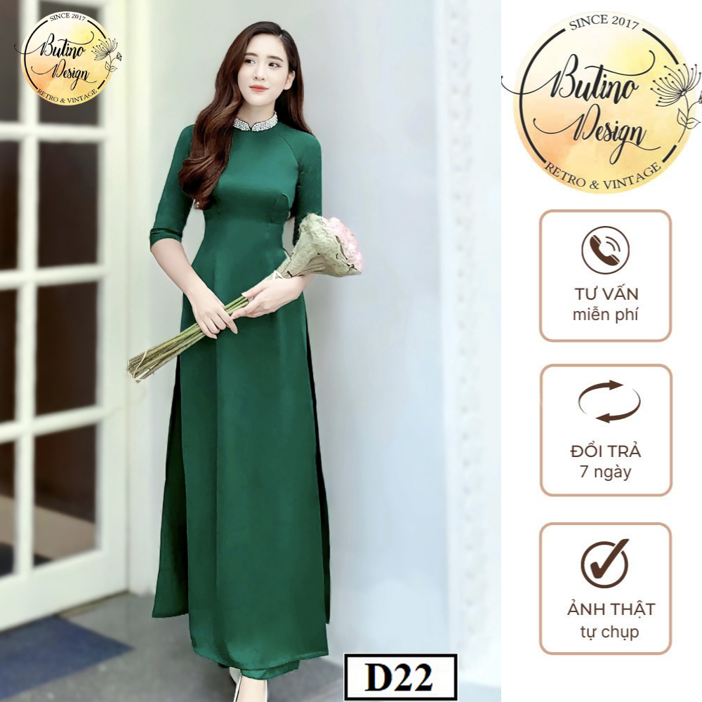 Áo dài D22 lụa màu xanh thiết kế tinh xảo đính đá thủ công cao cấp thời trang nữ butino shop