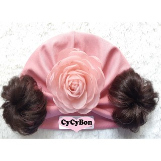 Mũ Nón Turban Tóc Giả Cho Bé Gái Màu Hồng Ruốc Đính Bông Trắng Chất Vải Cotton Có Size Cho Bé