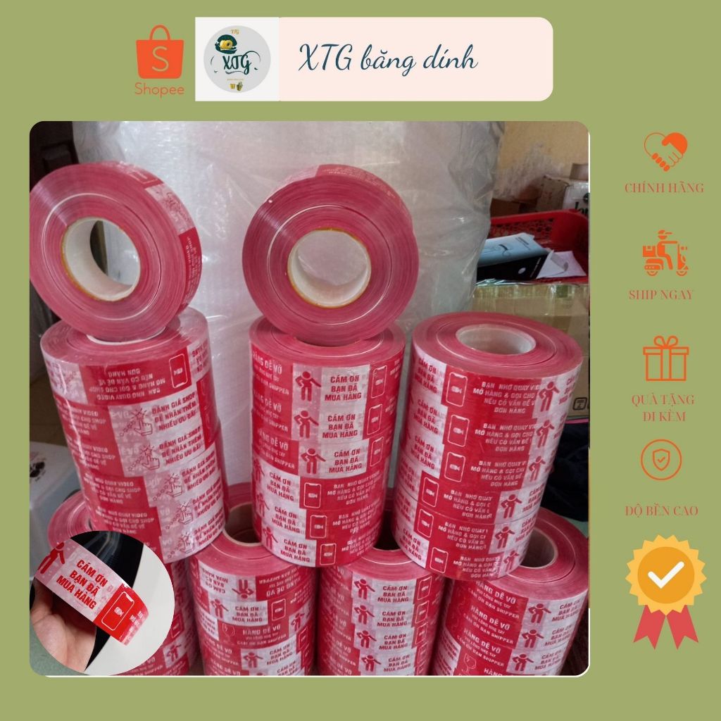 Băng keo Đỏ Trắng XTG  in chữ cảm ơn, quay video, đánh giá 5 sao, hàng dễ vỡ Lõi Nhựa Siêu Mỏng 2,4mm