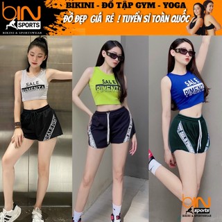 Bộ đồ tập gym yoga aerobic thể thao nữ áo croptop và quần đùi 2 lớp phối chữ chất liệu thun poly BINSPORTS BN061