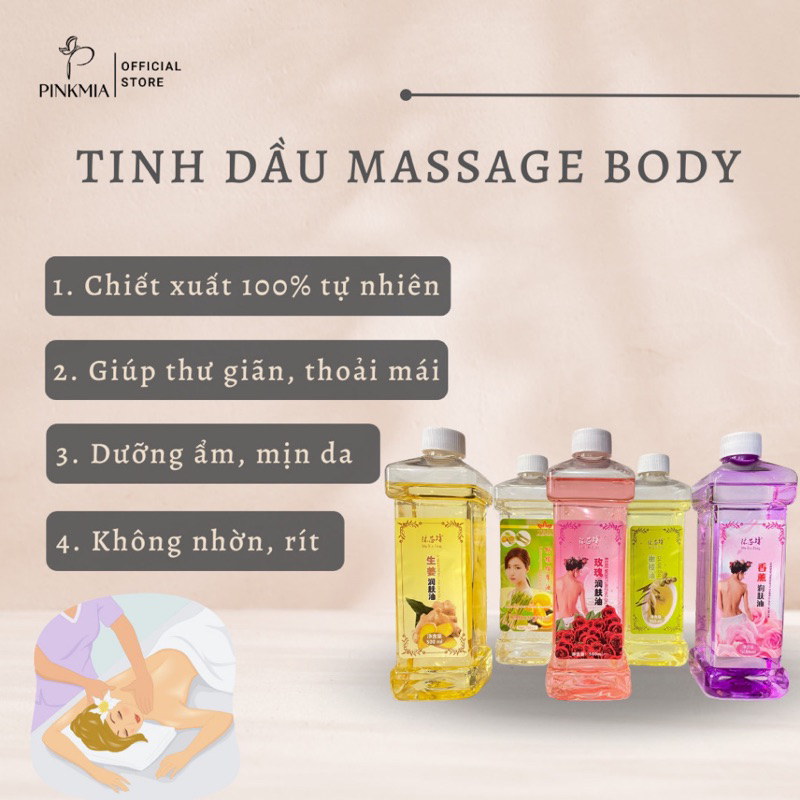 Tinh Dầu Massage Body , Dầu Gừng, Lavender, Sả Chanh, Oliu, Hoa Hồng Thơm Dịu Nhẹ