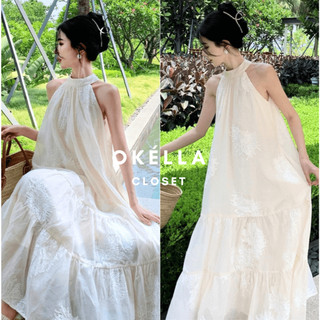 Váy Maxi Cổ Yếm dáng dài chất vải Voan thêu hoa, váy maxi nữ đi biển, đi chơi form đẹp Okélla