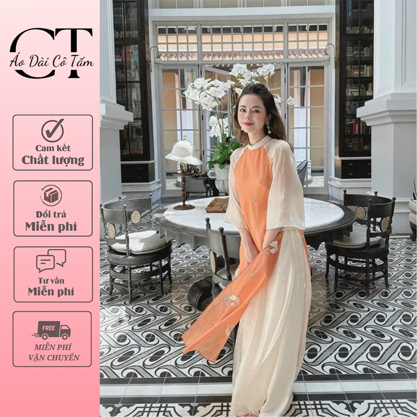 Áo Dài Cách Tân Dáng Suông - Áo Dài Tơ Thêu Phối Màu Trẻ Trung Thanh Lịch | Aó dài Cô Tấm - CT17