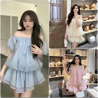 Đầm voan tơ trễ vai đính nơ form rộng 2 tầng tay phồng bí ngô