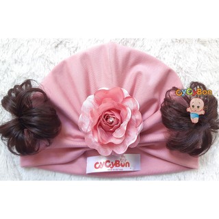 Mũ Nón Turban Cho Bé Gái Thun Cotton Màu Hồng Ruốc Đính Bông Nhụy Đá Kèm Tóc Giả Có Đủ Size