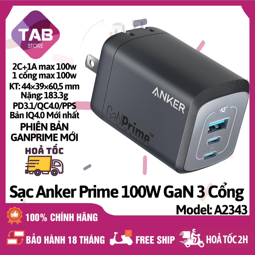 Sạc Anker Prime 100W [Gan Prime] PD3.1/IQ4.0/PPS2.0 2C+1A - A2343 (Bảo Hành 18 Tháng)