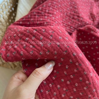 Vải Họa Tiết Muslin Hoa Nền Đỏ Mận - Muslin Be Nhạt Nhà Vải Linen Mềm Mịn Thiết Kế Dễ Thương Dễ May Mặc