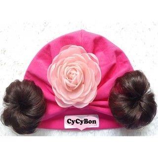 Mũ Nón Turban Tóc Giả Cho Bé Gái Màu Hồng Đậm Đính Bông Hồng Ruốc Vải Cotton Co Giãn