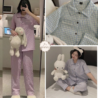 Bộ pijama kẻ caro Cộc Dài nhiều màu chất đũi họa tiết dễ thương phong cách Hàn Quốc