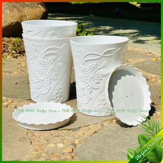  Chậu nhựa giả sứ Chậu trông cây hình tròn dáng cao chậu trồng cây kiểng và hoa trang trí hành lang ban công sân vườn 