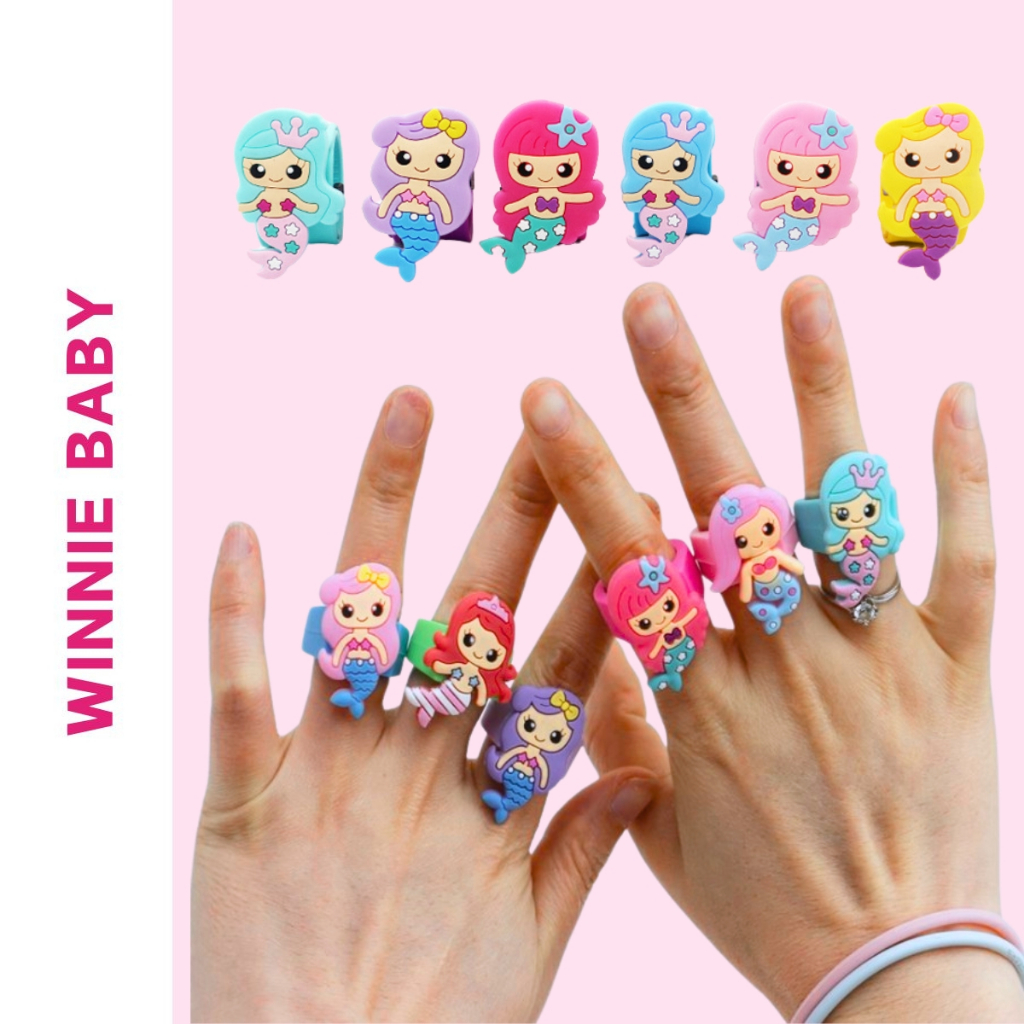 Set 6 Nhẫn Nhựa Silicon Mềm Hình Tiên Cá Nhiều Màu Dễ Thương Quà Tặng Cho Bé