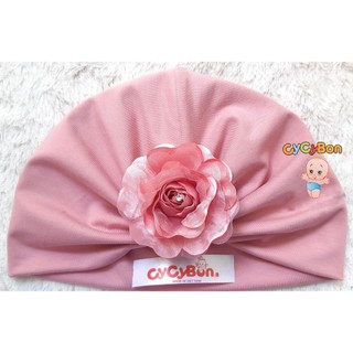 Mũ Nón Turban Cho Bé Gái Thun Cotton Màu Hồng Ruốc Đính Bông Nhụy Đá
