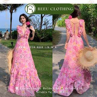(ORDER 15N, Sẵn L) đầm voan maxi cánh tiên cổ v hở lưng dáng dài hoa nhiều tầng viền bèo màu hồng (M000010)