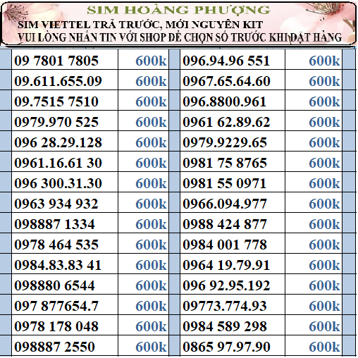 Sim số đẹp viettel đồng giá 600k