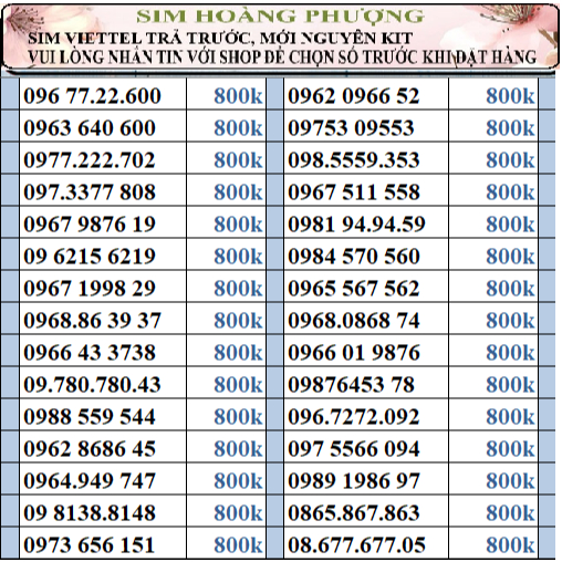 Sim số đẹp viettel đồng giá 800k