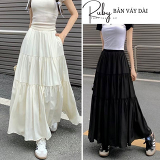 Chân váy dài, chân váy dáng dài xòe chất voan Nhật 3 tầng maxi 90cm có lót trong màu trắng đen kem xanh hồng - RUBY